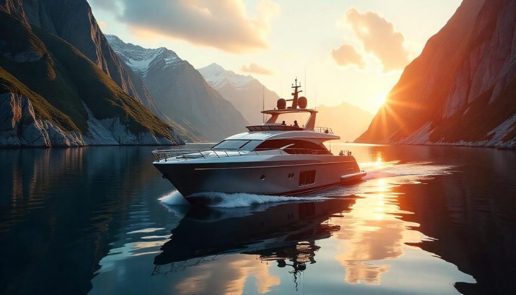 Tech-enhanced yacht in a fjord during the future of yacht design in Norway.